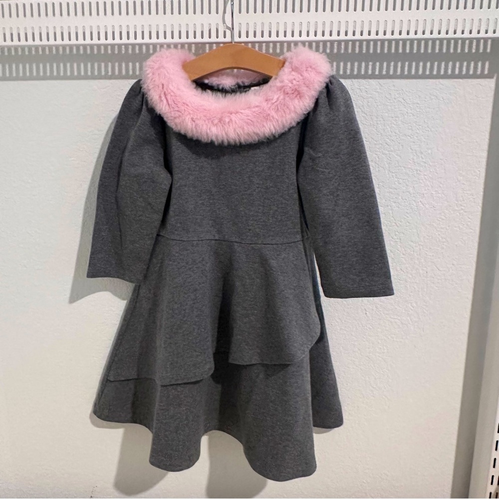 Janie & Jack Grey Long Sleeve Dress with Pink Faux Fur Collar